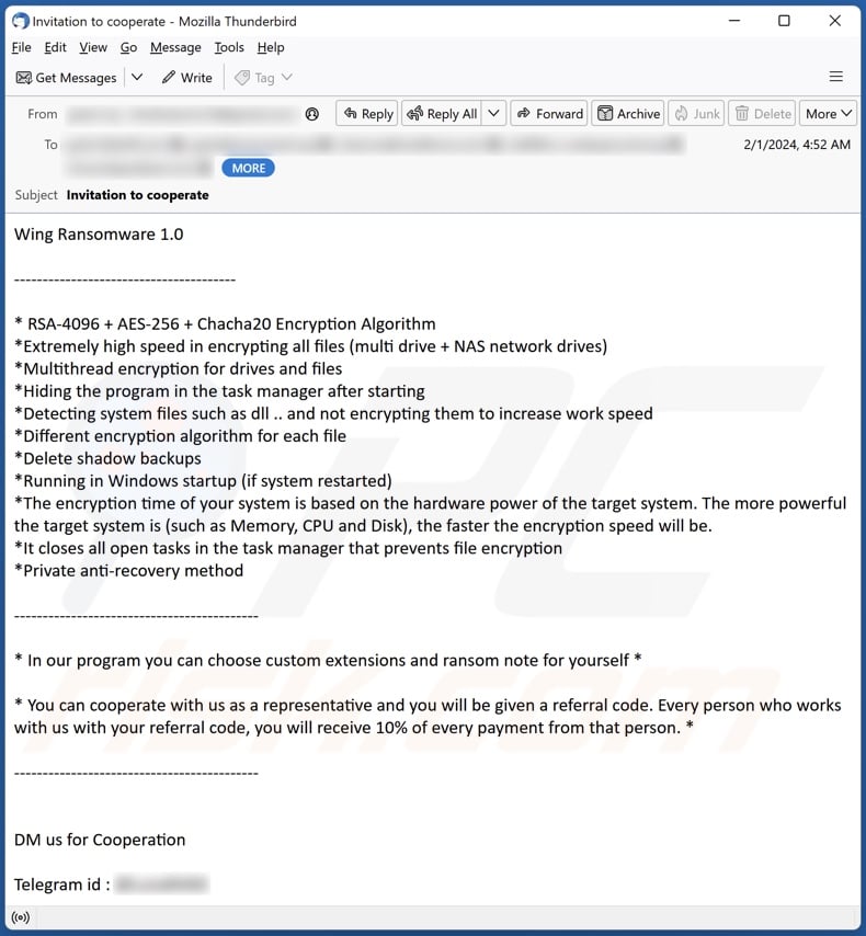 Email seeking partners for Wing ransomware