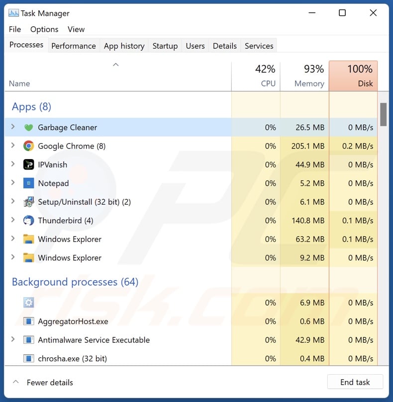 Y-Cleaner PUA process on Task Manager (Garbage Cleaner - process name)