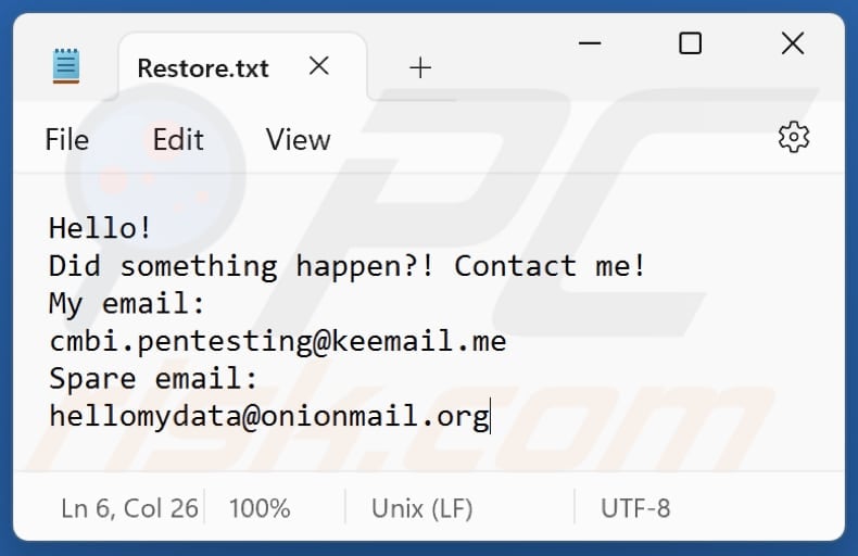 Afire ransomware text file (Restore.txt)