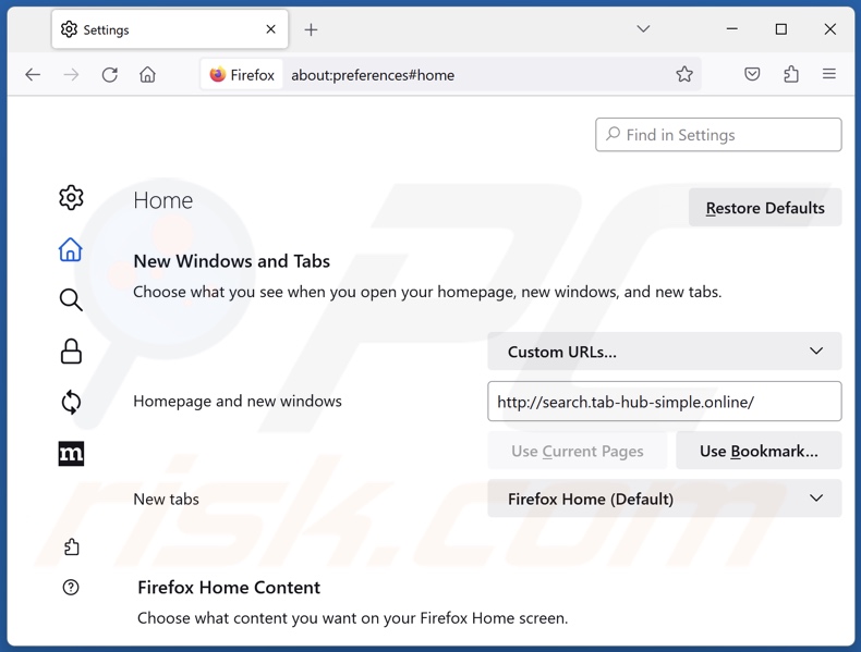 Removing search.tab-hub-simple.online from Mozilla Firefox homepage