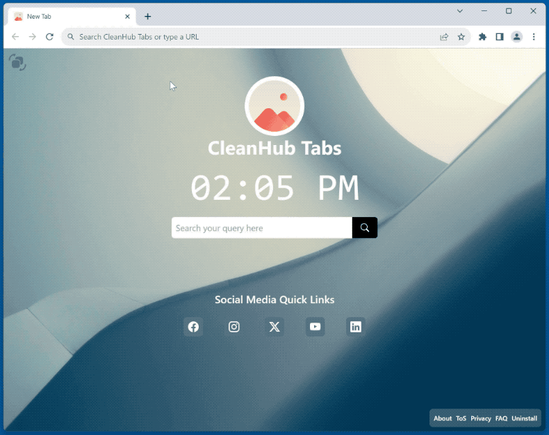 CleanHub Tabs browser hijacker redirecting to Bing (GIF)