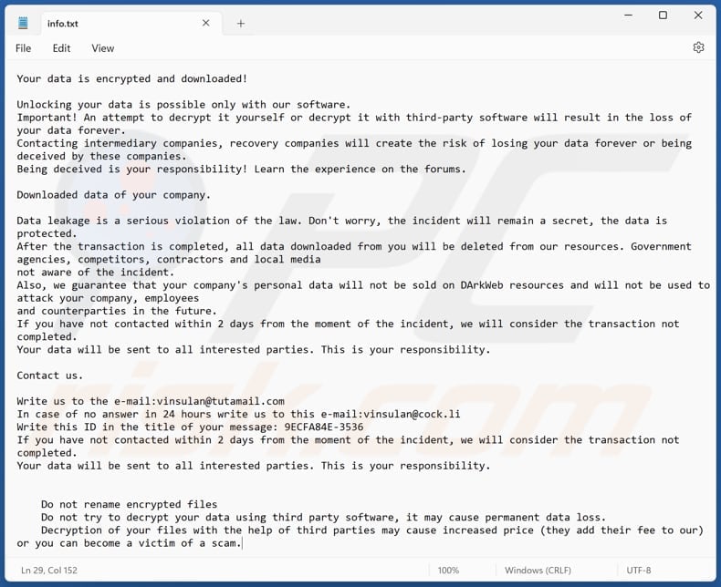 Dzen ransomware text file (info.txt)