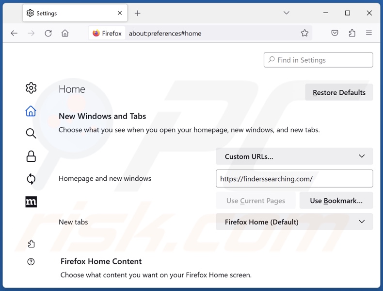 Removing finderssearching.com from Mozilla Firefox homepage