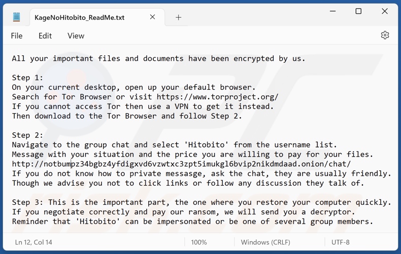 Hitobito ransomware text file (KageNoHitobito_ReadMe.txt)