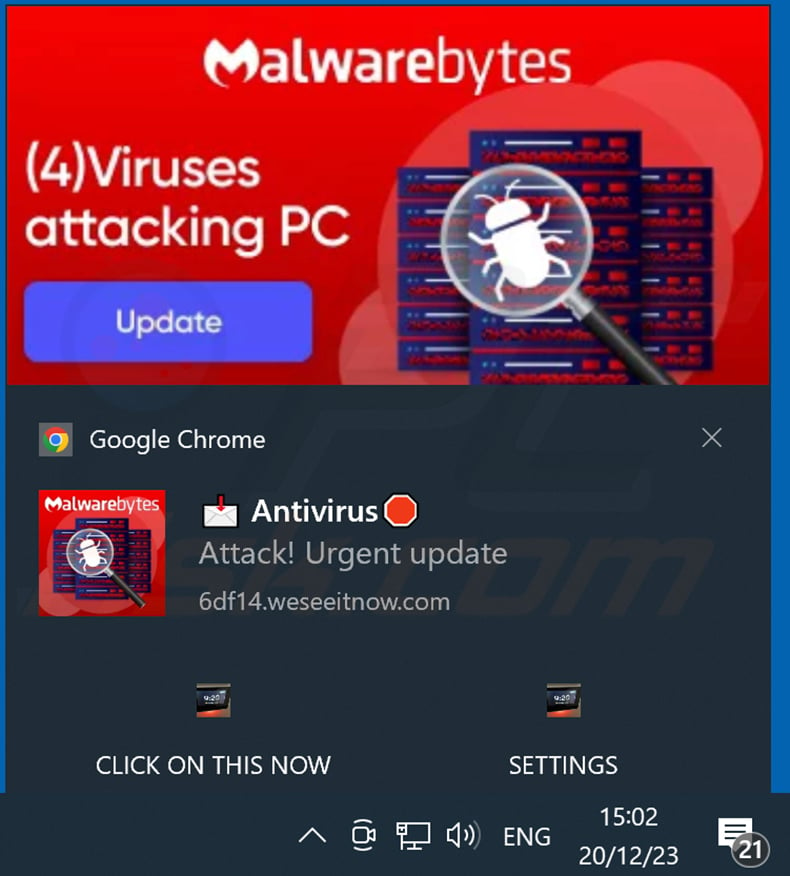 Browser notification promoting Malwarebytes - Your PC Is Infected With 5 Viruses! scam