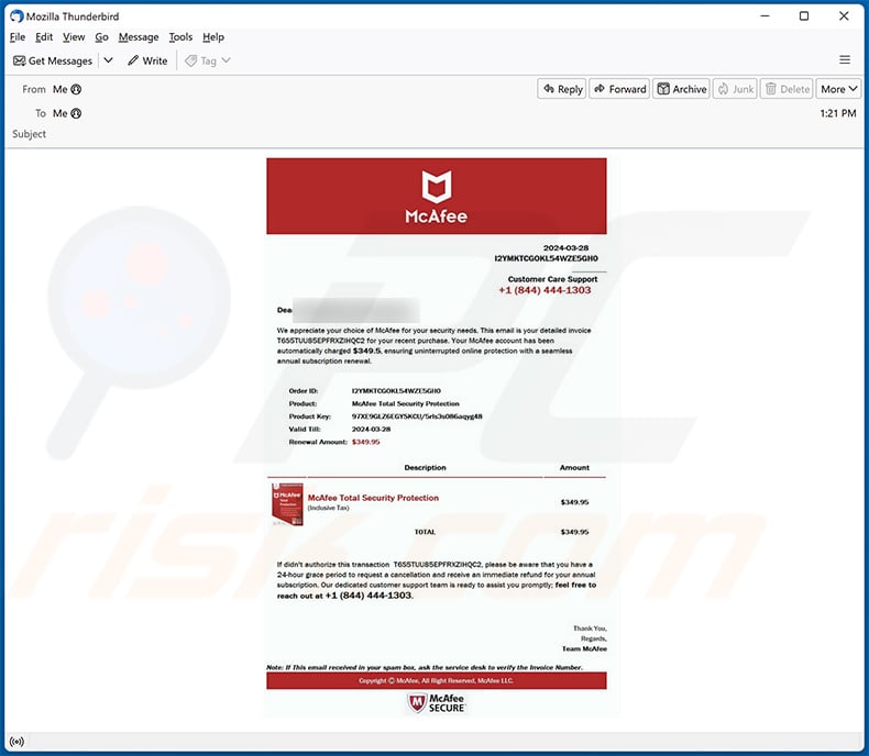 McAfee Has Successfully Renewed Your Membership email scam (2024-03-29)