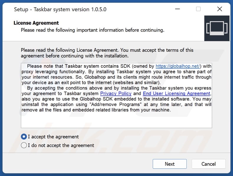 Taskbar system PUA installation setup