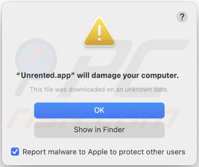 Unrented.app adware warning
