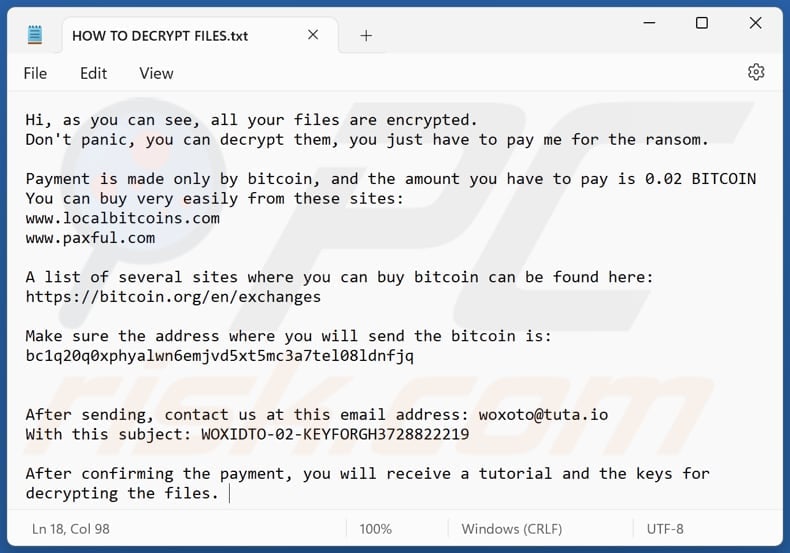 WoXoTo ransomware text file (HOW TO DECRYPT FILES.txt)