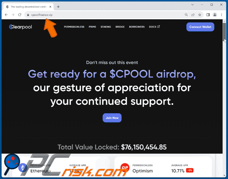 Appearance of Clearpool ($CPOOL) Airdrop scam (GIF)