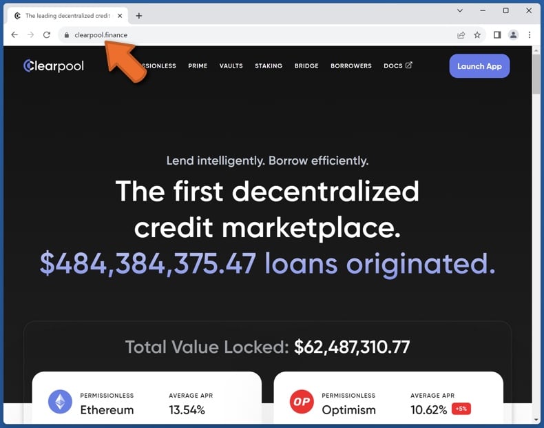 Appearance of the real Clearpool website (clearpool.finance)