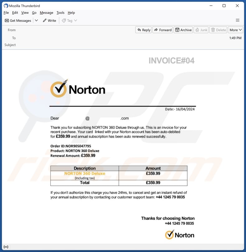 NORTON 360 Deluxe Purchase Invoice email spam campaign