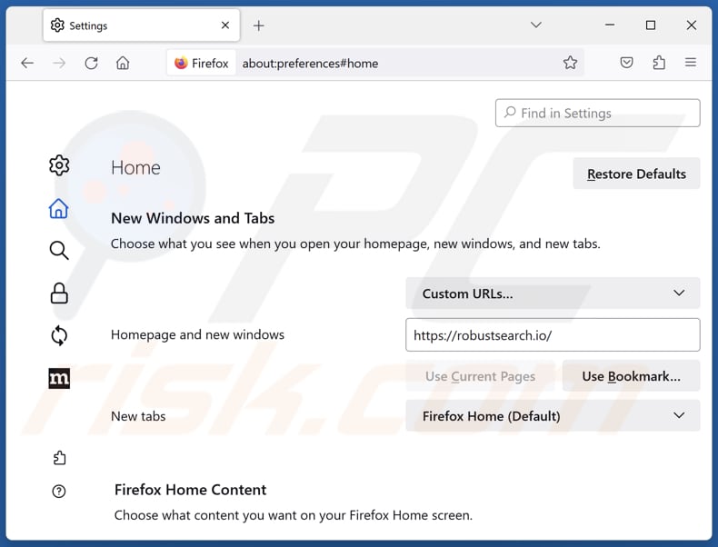 Removing robustsearch.io from Mozilla Firefox homepage
