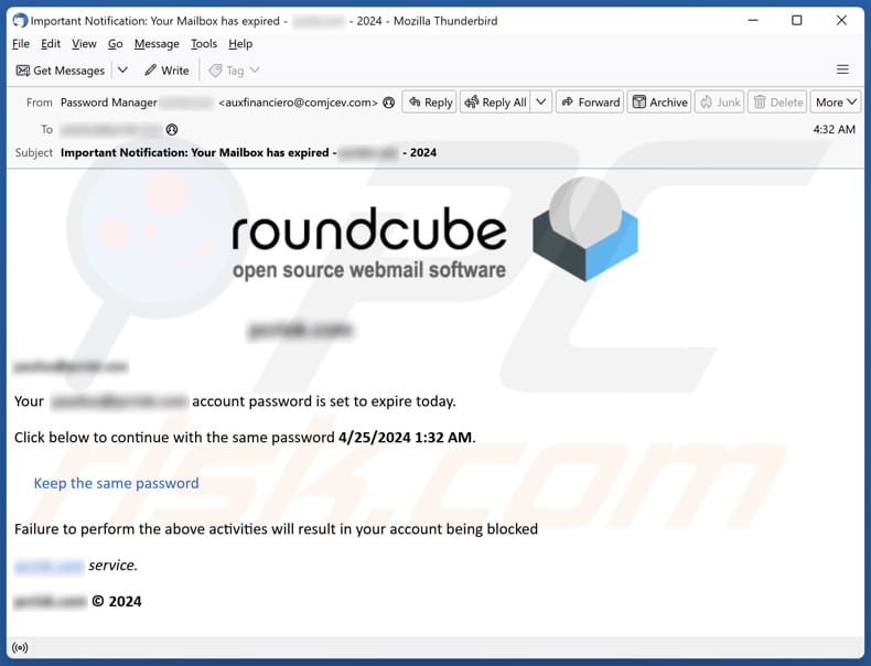 Roundcube Password Set To Expire email spam campaign