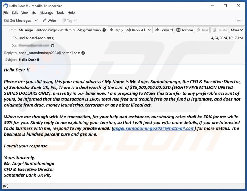 Santander Bank Deal email spam campaign