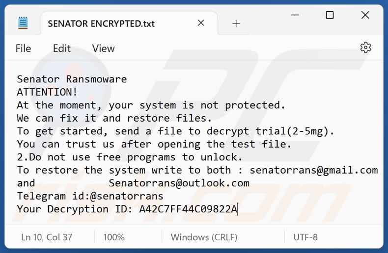 Senator ransomware text file (SENATOR ENCRYPTED.txt)
