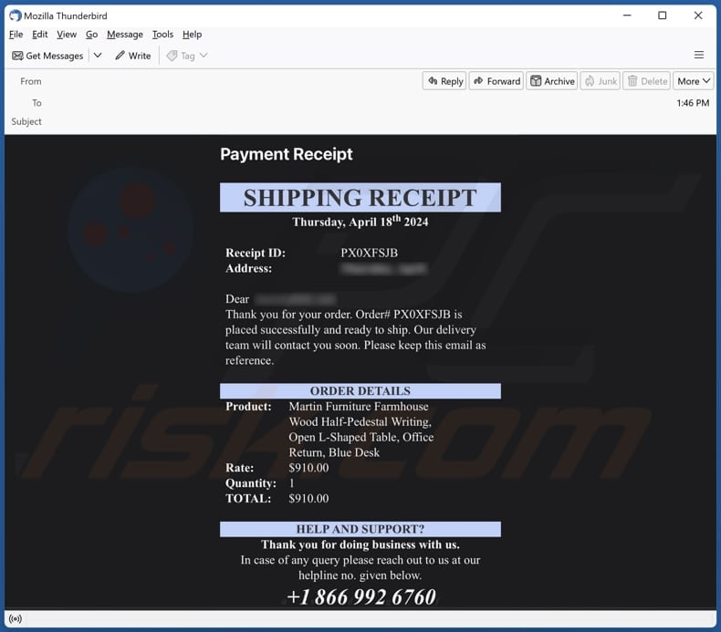 Shipping Receipt email spam campaign