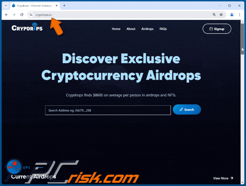 Appearance of Crypdrops Airdrops scam