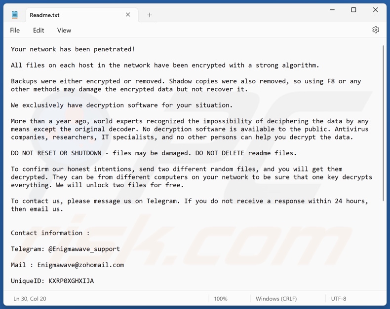 EnigmaWave ransomware ransom note (Readme.txt)