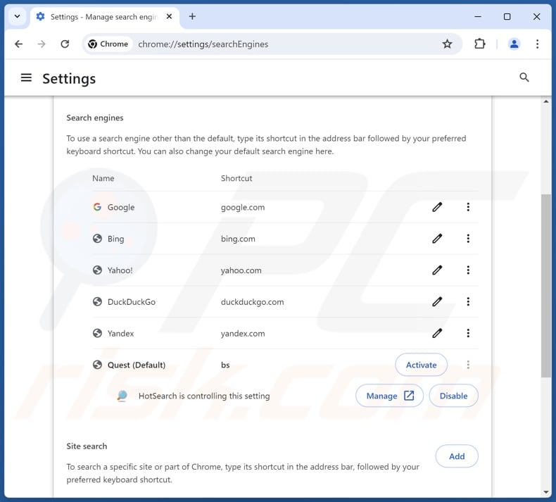 Removing hotsearch.io from Google Chrome default search engine