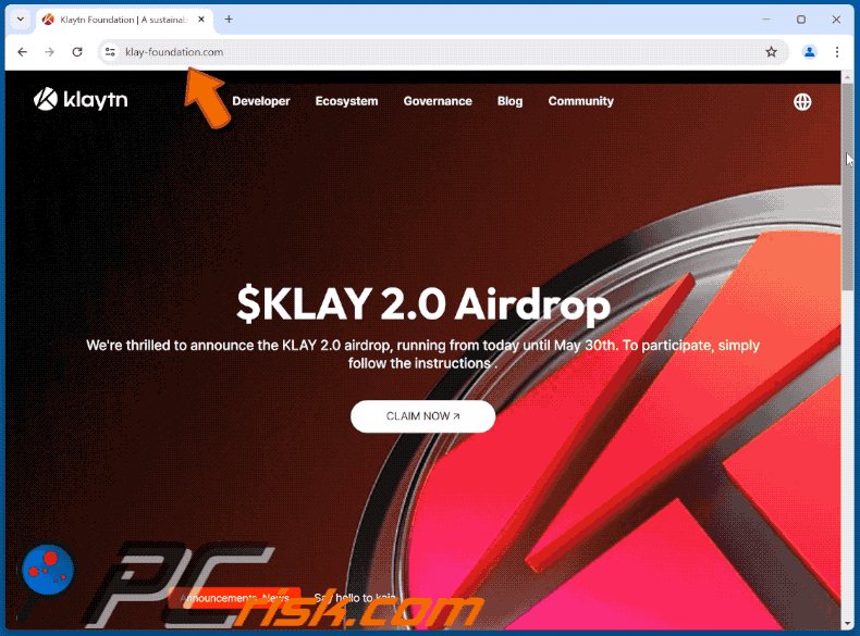 Appearance of Klaytn ($KLAY) Airdrop scam (GIF)