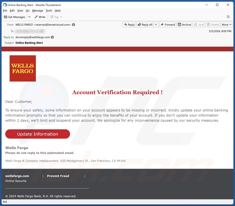 Wells Fargo - Account Verification Required email spam campaign