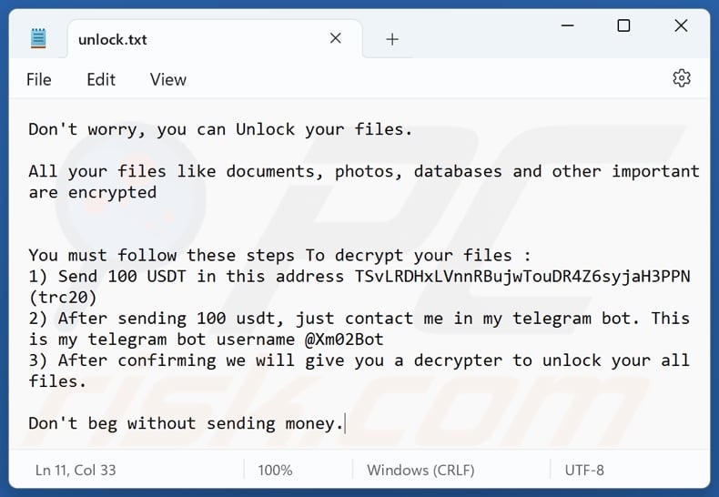Xam ransomware ransom note (unlock.txt)