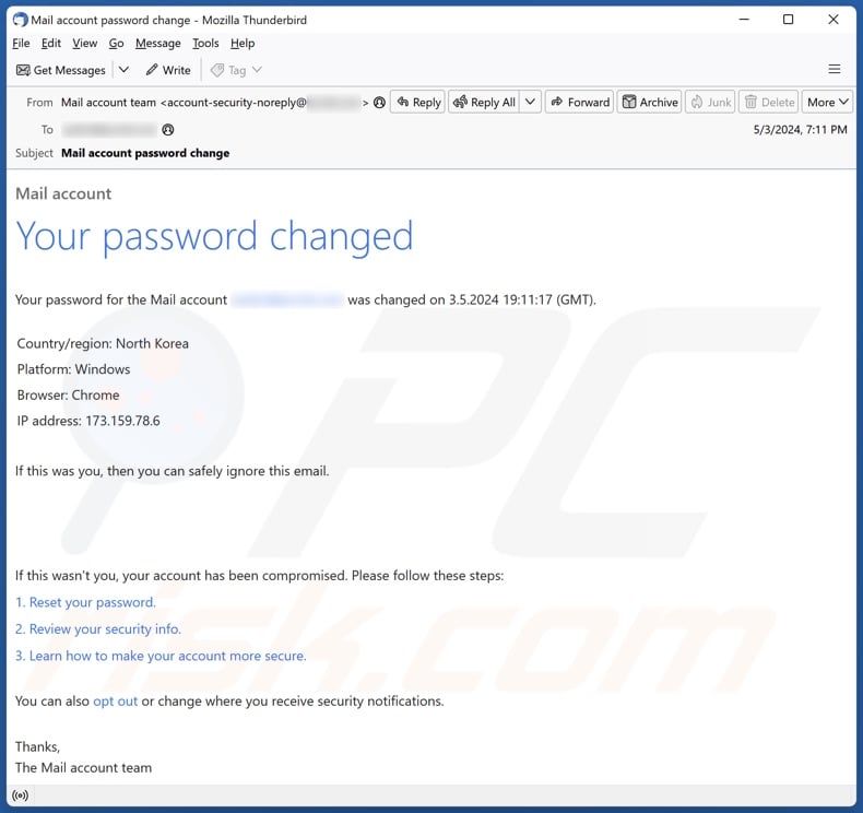 Your Password Changed email spam campaign