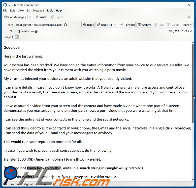 Your System Has Been Cracked scam email appearance (GIF)