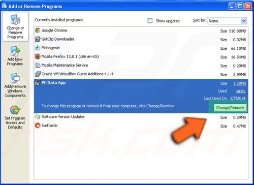 Windows XP change/remove program