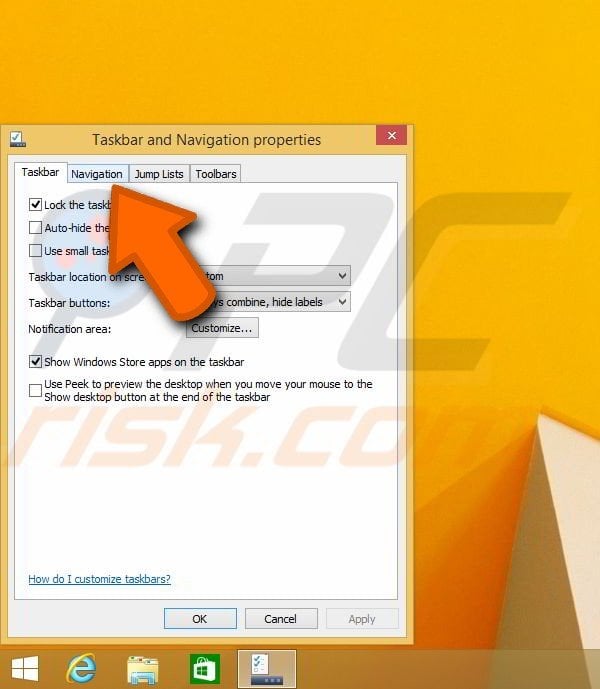 Navigation properties on the taskbar