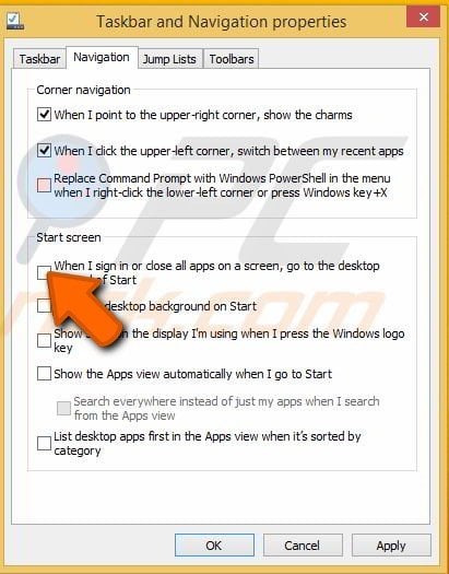 Checking the 'Go to the desktop instead of Start' checkbar