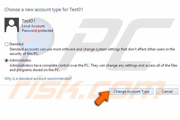 Change account to administrator step 8