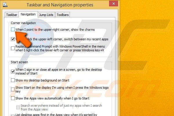 How to disable Charm menu step 3