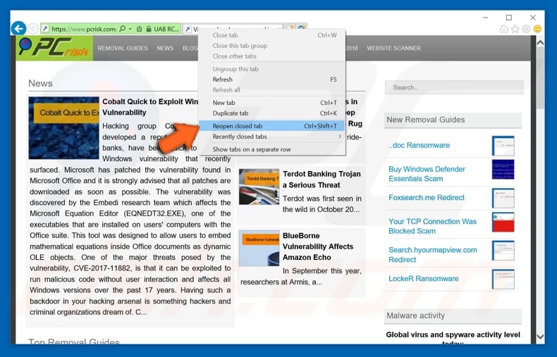 How to restore recently closed tabs in Internet Explorer step 1