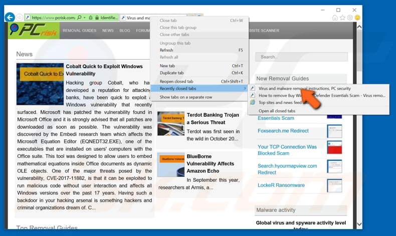 How to restore recently closed tabs in Internet Explorer step 2