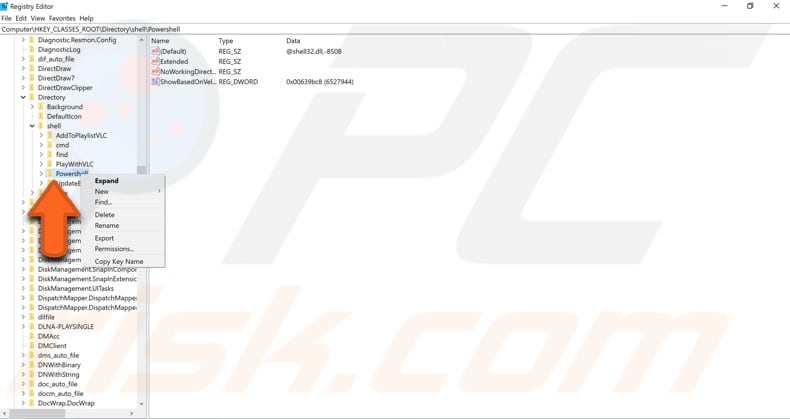 how to remove open powershell window here from the context menu