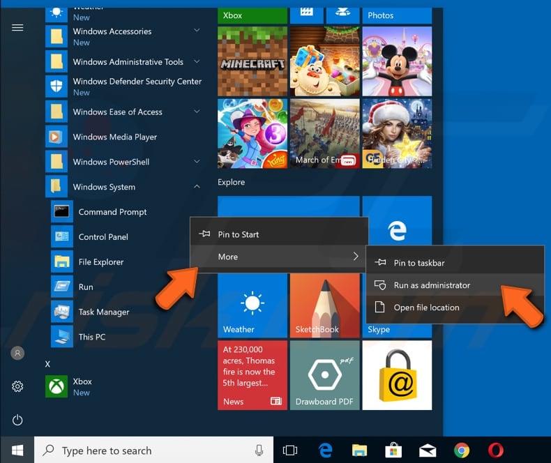 open command prompt scrolling start menu step 2