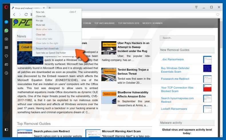 How to restore recently closed tabs in Opera step 1