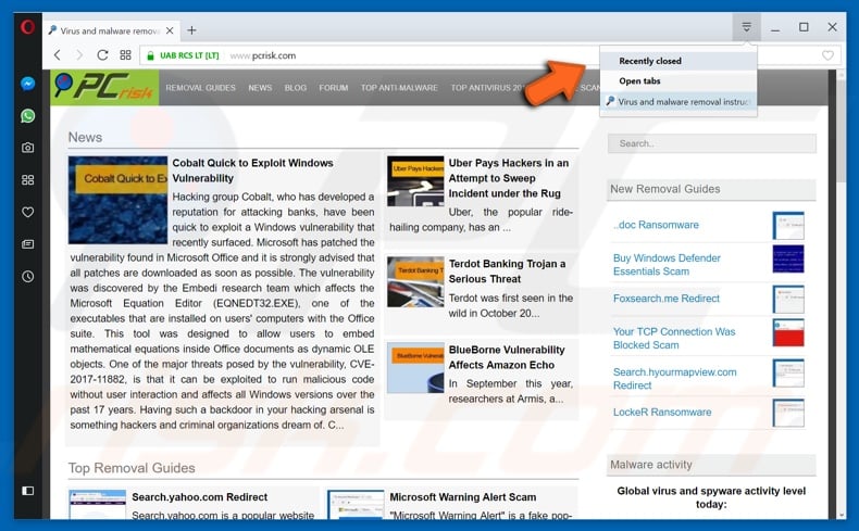 How to restore recently closed tabs in Opera step 2