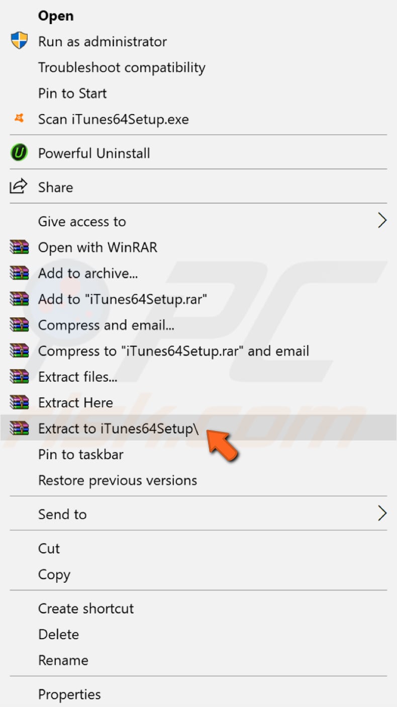 extract iTunes installer using winrar step 1