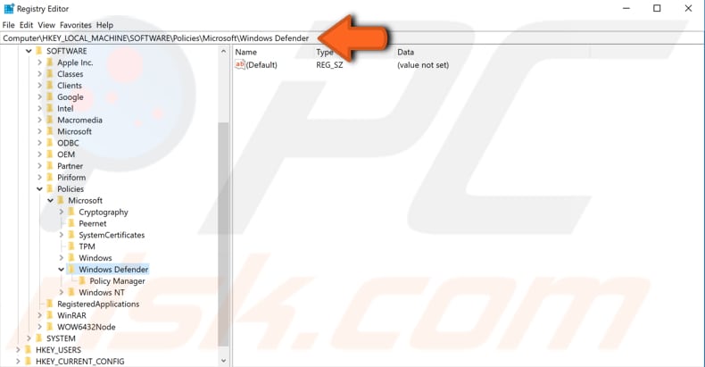 disable windows defender using registry editor step 3
