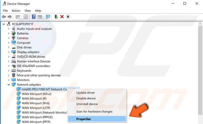 change your Mac address using device manager step 2