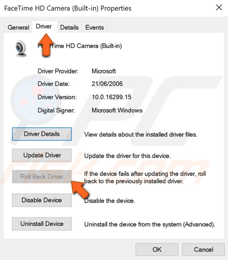 roll back webcam drivers step 2