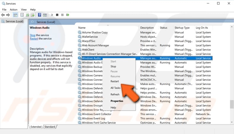 restart windows audio service step 2
