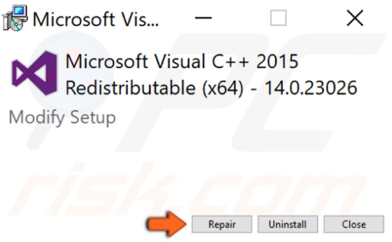 repair installed microsoft visual c ++ redistributable package step 3