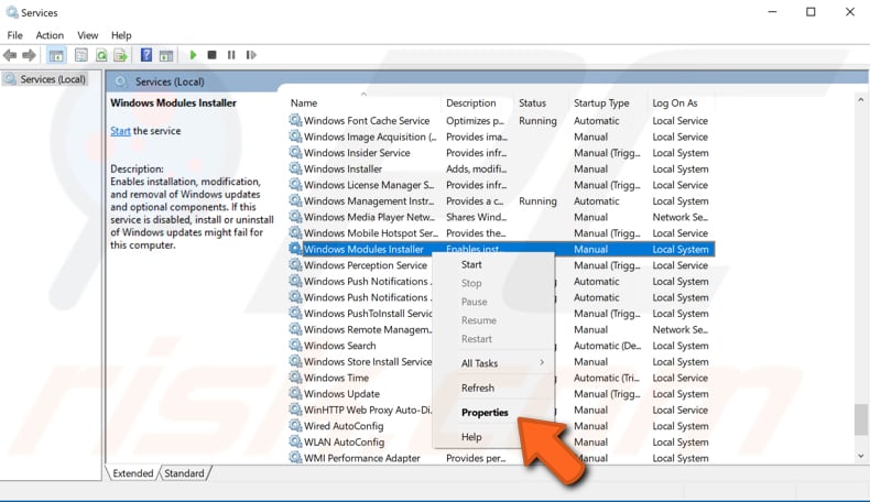 enable windows modules installer service step 3
