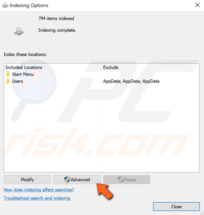 restore indexing service step 2