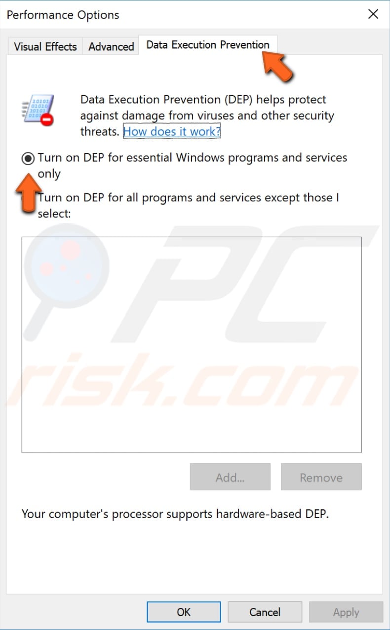 turn on data execution prevention step 4