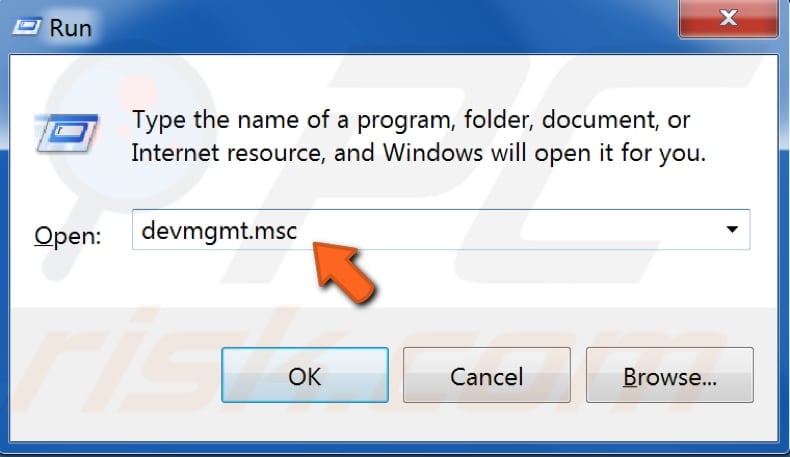 open device manager using run command windows 7 step 2